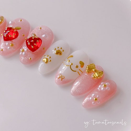 Strawberry Bear Kawaii Bear Nails Cute Japanese Press-on - Etsy
