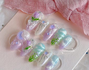 Tulip Moon Garden Press On, Cute Pretty Bow Reusable Nails, Spring & Summer Nails, Hand Painted Nails ,Elegant Floral Flower Nails