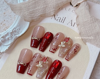 Royal Rose, Luxury Nails, Cute Rose Nails, 3D Gem Nails, Wedding Rose Nails, Bride nails, Custom Press On Nails, Red Flowers Nails