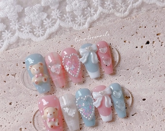 Lovely Palette Teddy, Teddy Bear Nails, Pastel Nails, Sweet Girl Nails, Cute Pearl Nails, Bow Nails, Baby Pink and Blue Press On Nails