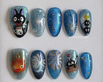 Starfall Wishes Press on Nails, Hand Painted Anime Nails, Sparkling Blue Sky Nails, Whimsical Fireworks Nails, Black Cat Nails.