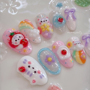 Toma Tomato Press On Nails , Cute 3D Cat Nails, Cloudy Rainbow Nails, Colorful Dreamy Nails, Kawaii Pastel Vibes Nails, Handmade Custom Nail