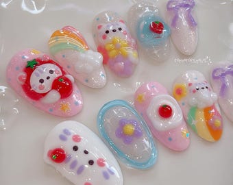 Toma Tomato pers op nagels, schattige 3D kattennagels, bewolkte regenboognagels, kleurrijke dromerige nagels, kawaii pastel vibes nagels, handgemaakte aangepaste nagel