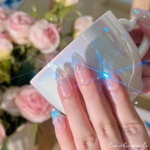 Blue Aurora Glitter Ice, Ice Nails, Aurora Nails, Korean Nails, Bling Bling Nails, Aurora Stone Nails, Gemstone Nails, Glitter Nails