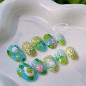 Watertuin eendjes aandrukken, schattige 3D-gelakte nagels, schattige kleurrijke eendjesnagels, lotusbloemnagels, zomernagels, lentenagels