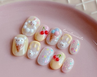Ice-cream Donut, Sweets Bunny Nails, Cute Cherry Bear Nails, Cute Donut Nails, Sweet Yummy Nails, Kawaii Press On Nails, Cute 3D Nails