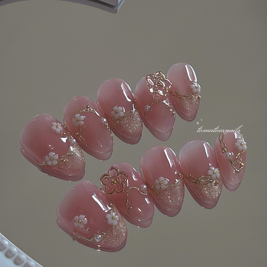 Blooming Aura, Pink Aura Press On, Glitter French Tips, Elegant Sakura Nails, Soft Fairycore Dream, Sakura Pearl Press On, Blush Pink Nails - Etsy