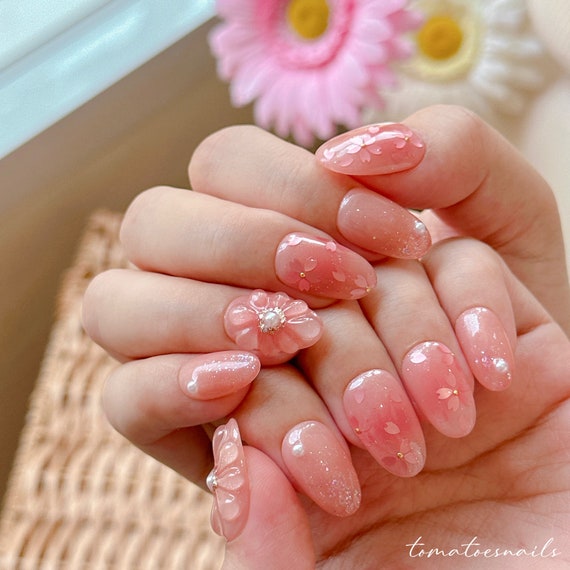 Blooming Cherry Blossom Flower 3D Nails Clear Gel Nails Flower Petal Nails Sakura Nails Japanese s Nail Art Cherry Blossom Nails Etsy