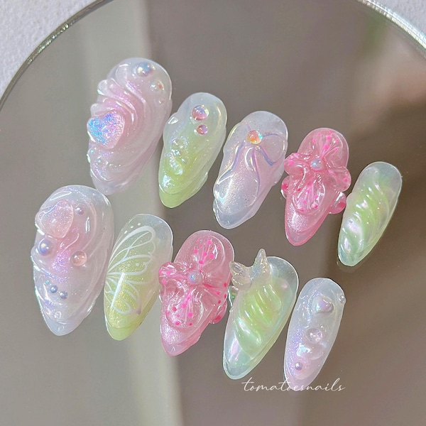 Alas de orquídea de hada, uñas de flores 3D, uñas con núcleo de hada, uñas lindas Y2k, uñas rosas, uñas de mariposa, uñas de hada verde, uñas con aerógrafo