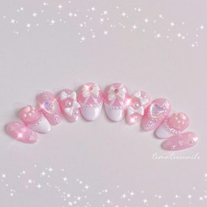 Pet Me Press On Nails , Cute Custom Name Nails , Kawaii Japanese Nails , Sweet Girly Nails with Bow Pearls and Hearts , Tomatoesnails