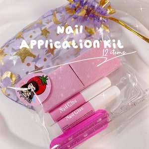 Kit de aplicación de uñas con prensa adicional, 12 artículos, pestañas adhesivas, pulidores de uñas, limas de uñas, empujador de cutículas, pegamento para uñas, almohadilla de preparación con alcohol