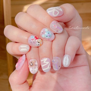 BT21 Magic Shop Press On Nails , BTS Cute K-pop Nails , ARMY BORAHAE , Korean Nails , Hand Painted Nails , Tomatoesnails , Glitter 3D Nails