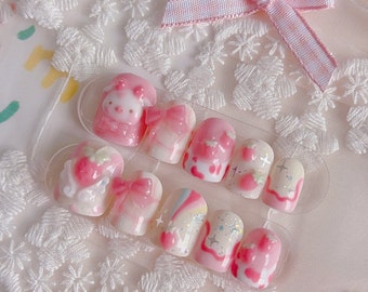 Strawberry Milk Cow Nails, Cute Strawberry Nails, Sweet Pink Nails, Rainbow Hand Painted Nails, Cow Press On Nails, Sweet Girl Nails