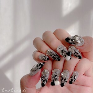 Y2K Babe Nails , Silver Cat Eye Glitter Hand Painted Black Flame Nails , Saturn Bling Charm Nails , Silver Teddy Nails , Chain Nails