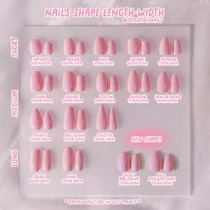 May include: A chart showing different nail shapes and sizes, with measurements in millimeters. The chart is divided into three sections: short, medium, and long. Each section shows a variety of nail shapes, including natural, round, oval, square, almond, coffin, pointy, ballerina, stiletto, and new almond. The chart is labeled "Nails Shape-Length-Width" and "@tomatoesnails".