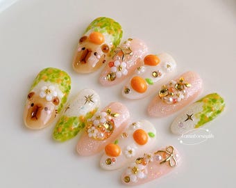 CapyOrange プレスオン、かわいい 3D ペイント ネイル、かわいい