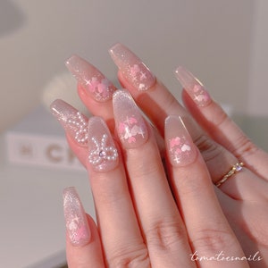 Kirakira Bow Nails, Sweet Pearls and Hearts Nails, Kirakira Nails, Sweet Girl Nails, Cat-Eye Nails, Soft and Gentle Nails, Cute Heart Nails