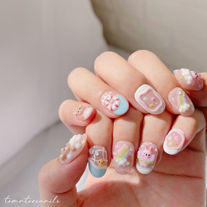Chilling on Sunday Press On , Cute 3D Painted Nails , Hand Painted Nails , Rainbow Bear Bunny Duck Nails , Bubble Nails , Fun  2023 Nails