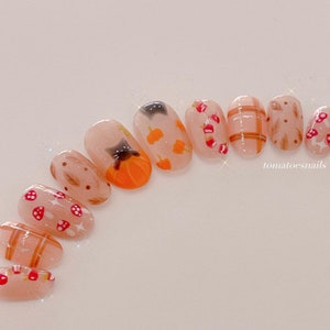 Pumpkin Kitty Press On Nails , Japanese Nail Art , Hand Painted Nails , Cute Pumpkin Nails , Mushroom Nails , Cozy Nails , Tomatoesnails