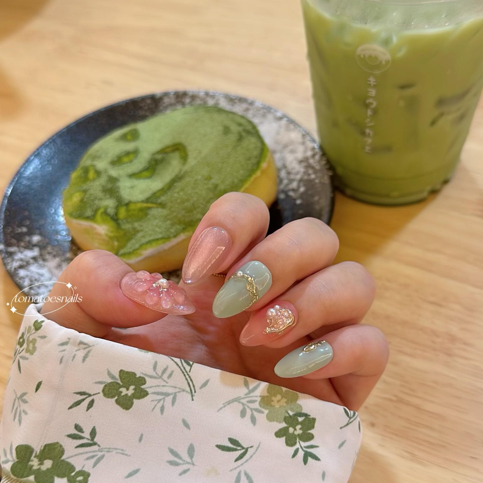 Matcha Sakura Press on Nails, Lovely Green Peach Gradient Nails