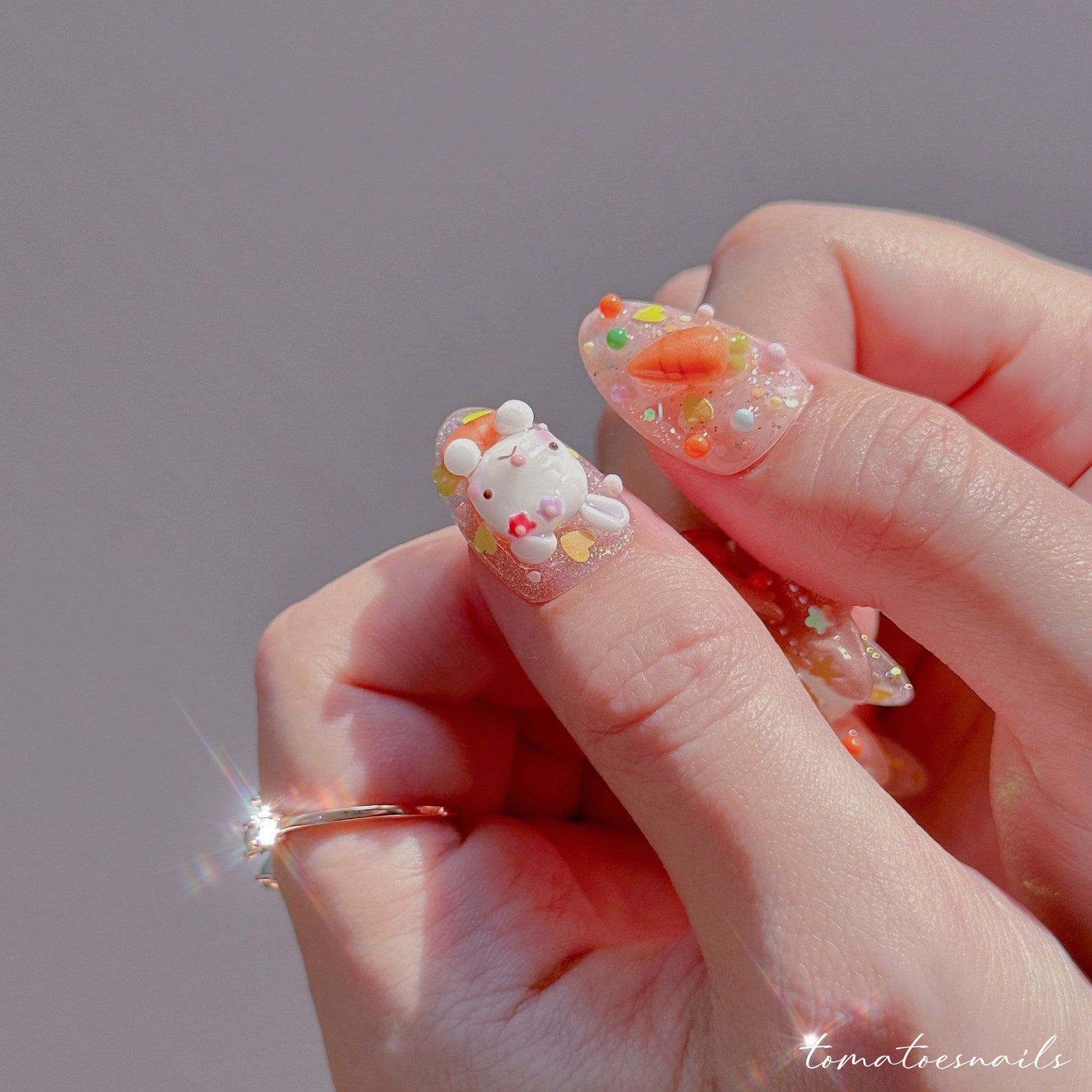 Baby Carrot Bunny Nails , Sweet Bunny Glitter Nails , 3D Kawaii Style Nails , Japanese Cute Girl