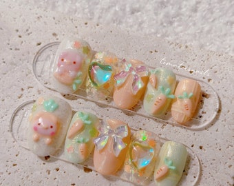 Confeti de zanahoria con cerdito, uñas de cerdo lindas, uñas de zanahoria lindas, uñas pastel con brillo kawaii, uñas 3D adorables, uñas reutilizables, uñas personalizadas hechas a mano