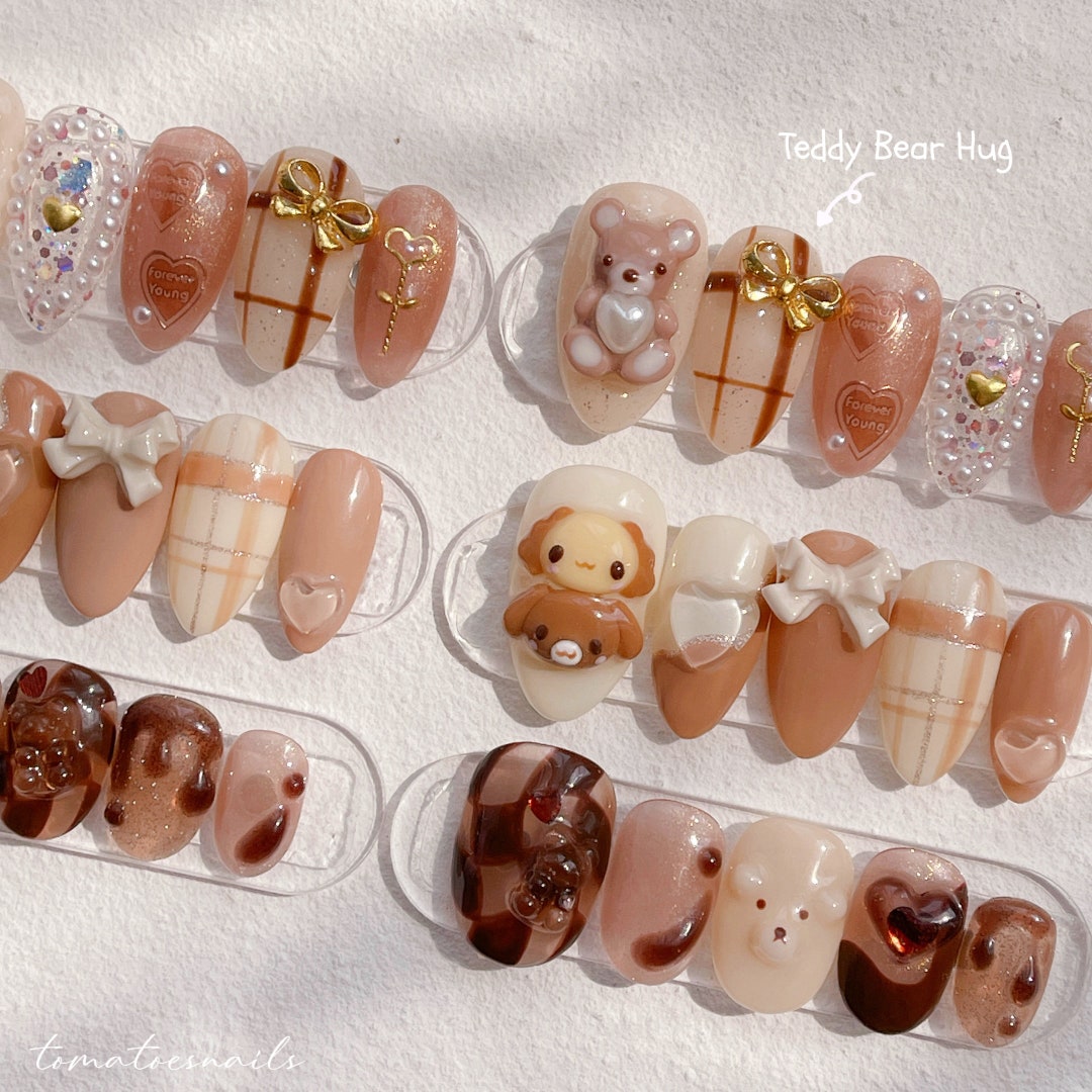 Teddy Bear Hug Nails , Sweet Teddy Nails , Reusable Coffee Brown Tone