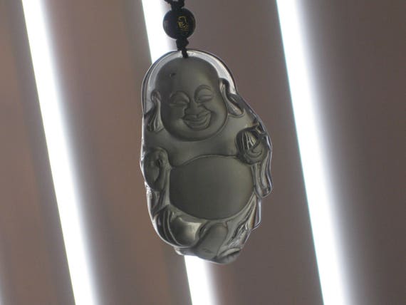 Ice Obsidian Buddha pendant, with adjustable glass bead necklace.