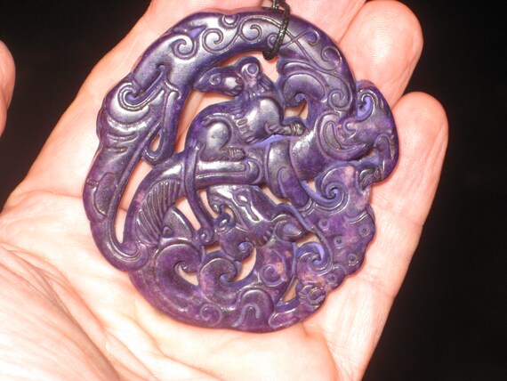 All natural hand carved two sided dragon & mouse Jade pendant, with adjustable necklace.