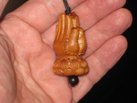 Hand carved rosewood praying hands pendant, adjustable necklace.