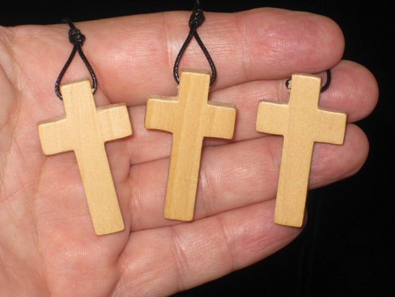 3 Hand carved wood cross pendants, with adjustable necklace.