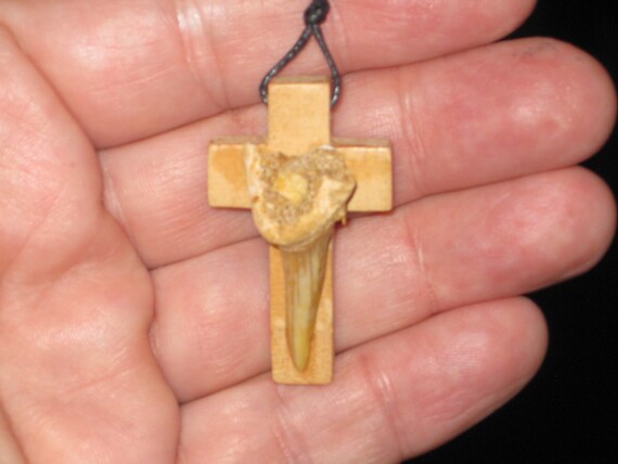 Hand carved cross and fossil shark tooth from Morocco, with adjustable necklace.