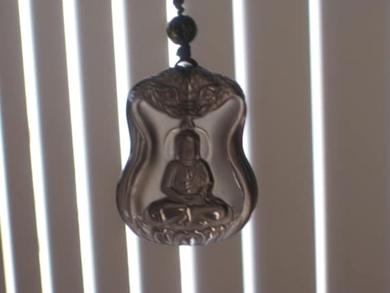 Ice Obsidian Buddha pendant, with adjustable glass bead necklace.