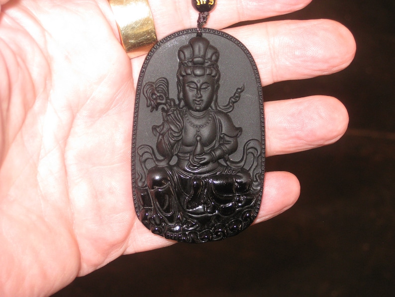 24 long glass bead necklace. Black Obsidian pendant