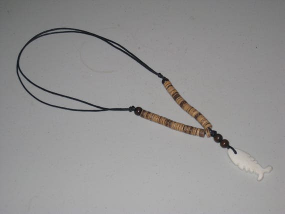Buffalo bone pendant and heishi wood beads, with adjustable necklace.