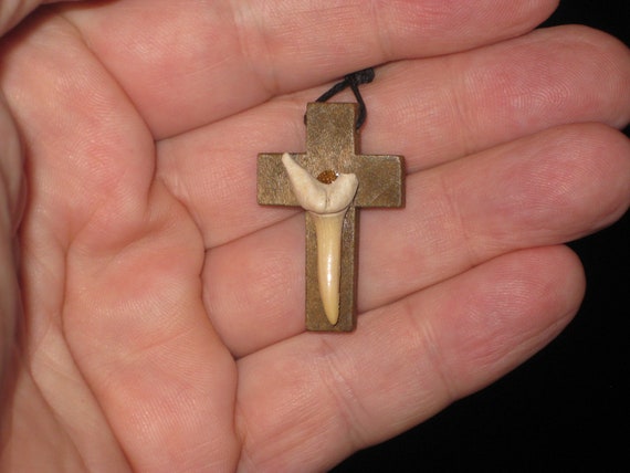 Hand carved wood cross with fossil shark tooth from Morocco, with adjustable necklace.