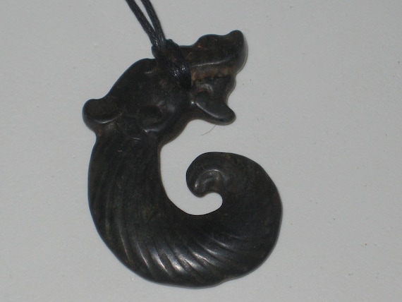 Hand carved old jade stone Dragon amulet pendant, necklace is adjustable up to 32" long.