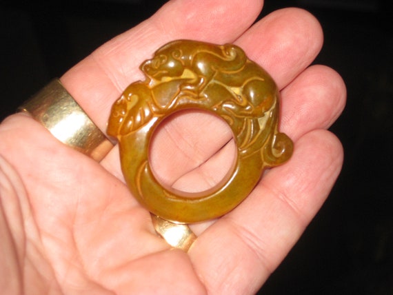 Hand carved ancient Jade trigger finger and thumb ring, size 13.