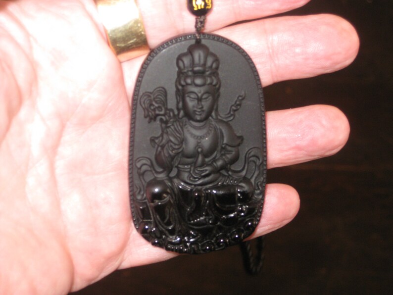24 long glass bead necklace. Black Obsidian pendant