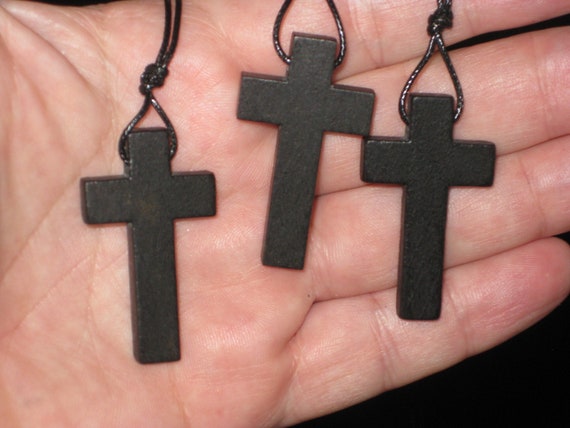 3 Hand carved wood cross pendants, with adjustable necklace.