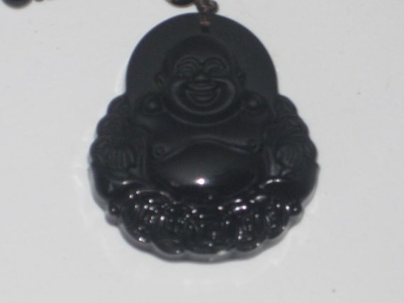 Hand carved black Obsidian Buddha pendant, with glass bead necklace.