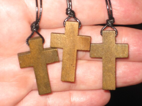 3 Hand carved wood cross pendants, with adjustable necklace.