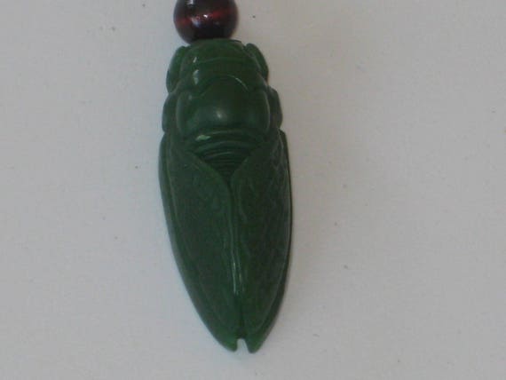 All natural hand carved Hetian Jasper Cicada pendant, with adjustable necklace.