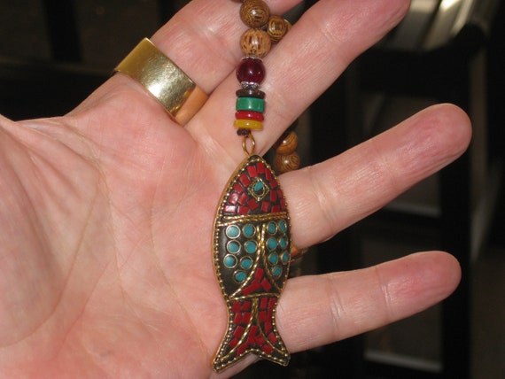 Hand carved Sandalwood FISH pendant with stone beads and pendant.