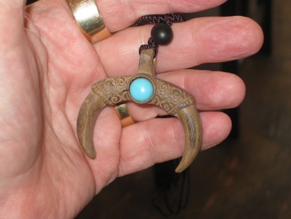 Hand carved Sandalwood pendant with stone beads and adjustable necklace.