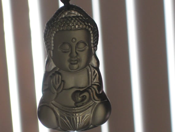 Ice Obsidian Buddha Baby pendant, with glass bead necklace.