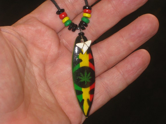 Wood surfboard pendant with real shark tooth, adjustable necklace.