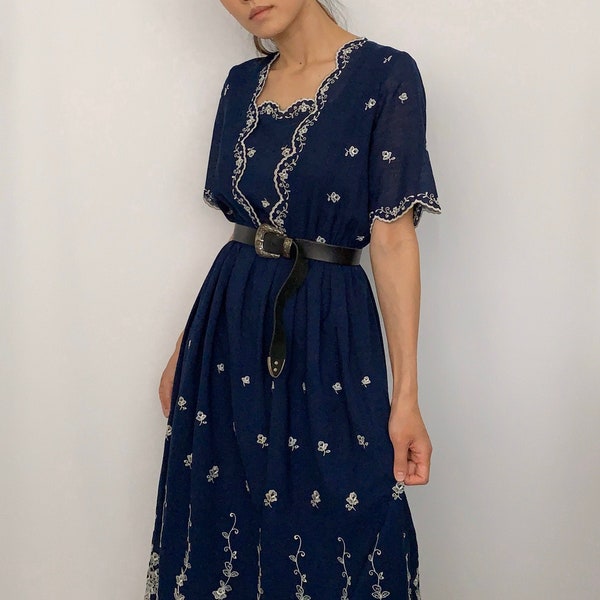 Vintage 60s or 70s Blue Embroidered Blue Dress XS S