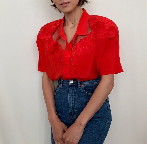 Vintage Retro Red Silk Dolman Sheer Lace Detail Bl