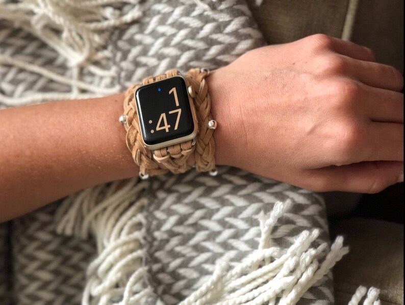 Beige Braided Leather Women's Apple Watch Wrap Band image 3